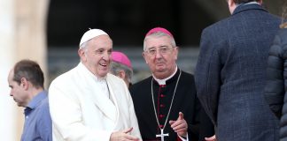 Pope Francis and Archbishop of Dublin Diarmuid Martin attend the Wednesday general audience in Saint Peter's square at the Vatican
