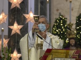 Archbishop Charles John Brown, Apostolic Nuncio to the Philippines, presides over Mass on the Solemnity of the Nativity of Our Lord at the Manila Cathedral on Dec. 25, 2020. (Photo by Roy Lagarde)