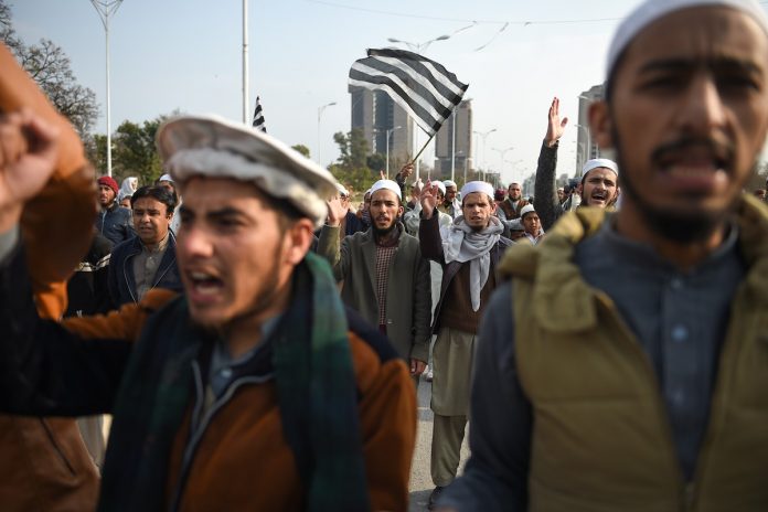 Pakistani Islamists shout slogans as they march in protest against a Supreme Court decision on the case of Asia Bibi, a Catholic Pakistani woman accused of blasphemy, in Islamabad on Feb. 1, 2019. (Photo by Farooq Naeem/AFP)