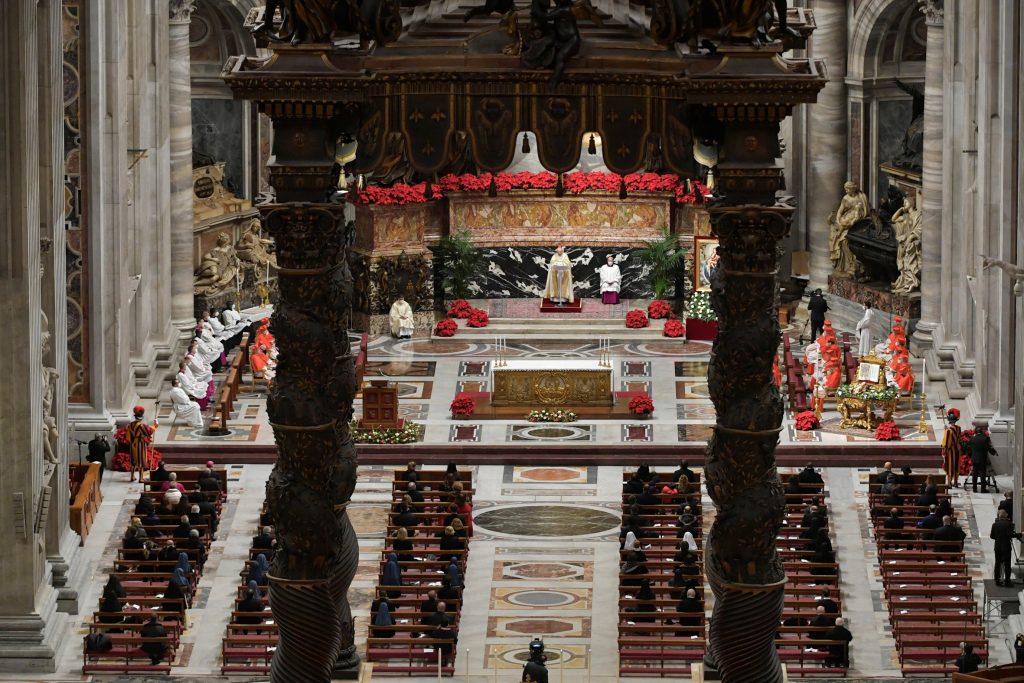 Cardinal Giovanni Battista Re leads the Vespers and Te Deum prayer in place of Pope Francis, who couldn't be present following a flare up of his sciatica condition, in Saint Peter's Basilica at the Vatican, Dec. 31, 2020. (Vatican Media/­Handout via Reuters)