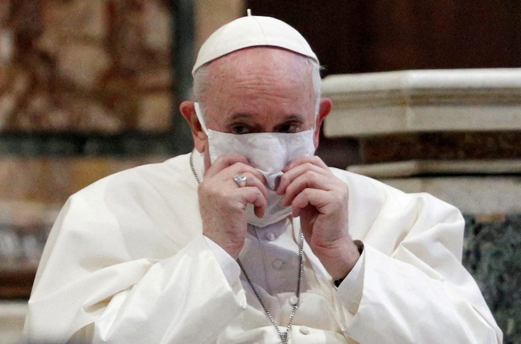 Pope Francis wearing a face mask attends an inter-religious prayer service for peace along with other religious representatives in the Basilica of Santa Maria in Aracoeli, a church on top of Rome's Capitoline Hill, in Rome, Italy, Oct. 20, 2020. (Reuters file photo)