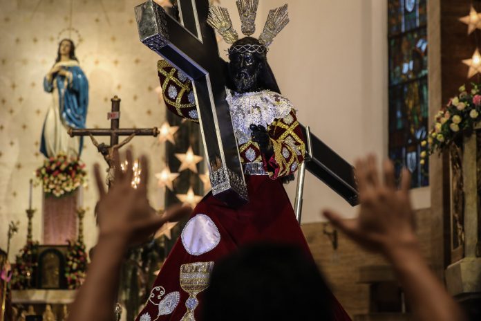 The image of the Black Nazarene of Manila is displayed inside the Manila Cathedral during a ‘pilgrim visit’ on Jan. 3, 2021. (Photo by Jire Carreon)