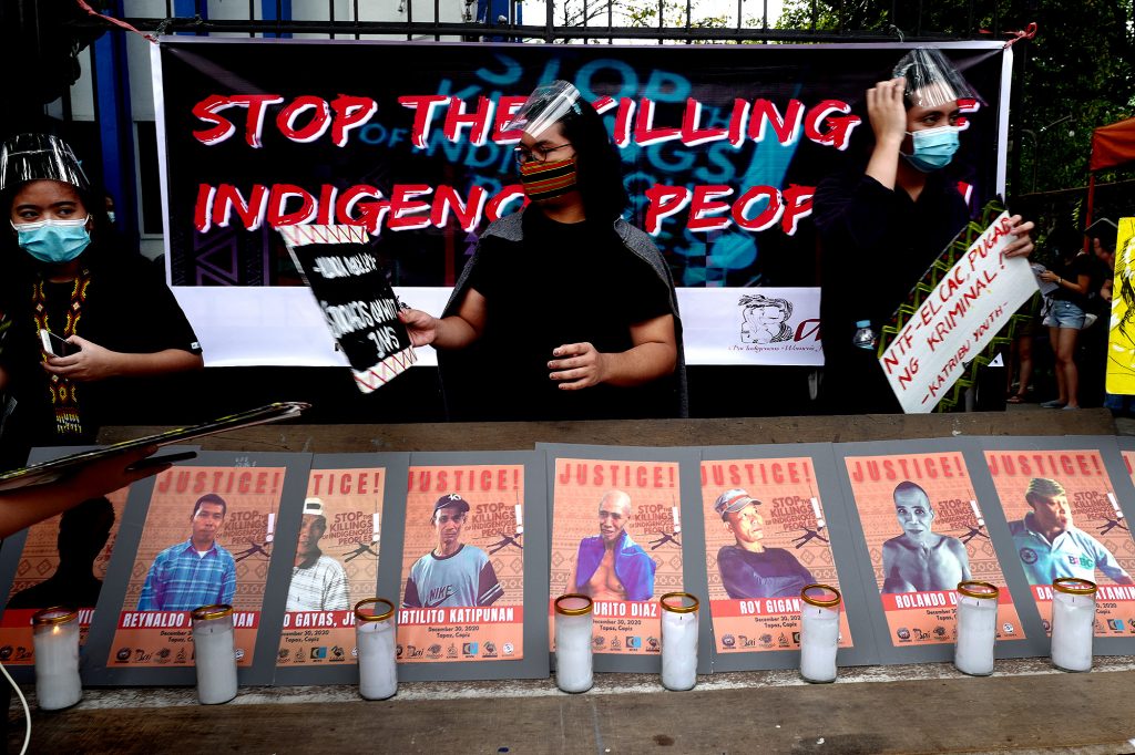 Activists stage a demonstration outside the National Council of Churches in the Philippines building in Quezon City on Sunday, Jan. 17, 2021, to condemn the killings and arrest of members of the Tumandok tribe in the central Philippines in December. (Photo by Gil Nartea)