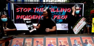 Activists stage a demonstration outside the National Council of Churches in the Philippines building in Quezon City on Sunday, Jan. 17, 2021, to condemn the killings and arrest of members of the Tumandok tribe in the central Philippines in December. (Photo by Gil Nartea)