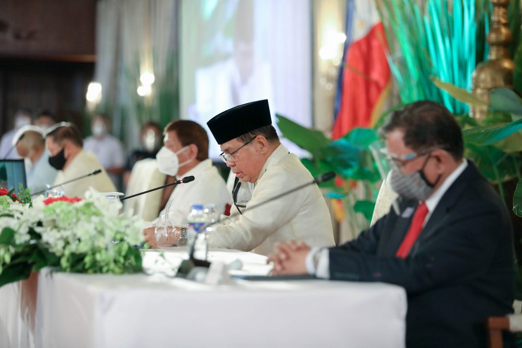 Ahod Ebrahim, also known as Al-Hajj Murad Ebrahim, chief minister of the Bangsamoro Autonomous Region in Muslim Mindanao delivers a message during the anniversary of BARMM at the presidential palace in Manila on Jan. 21, 2021. (Photo by Robinson Niñal/Presidential Photo)