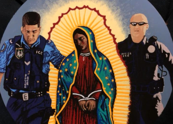 Artist Katie Jo Suddaby took 22 days to create a sand painting depicting La Virgen being taken into custody by US immigration agents. “Putting the Virgin Mother in that position, taking on the suffering of the refugees, I wanted to say, if you look, you can see the spirit of God, the fingerprints of God, on people who have nothing and who need help,” said the artist in an interview with The Philadelphia Inquirer. (Photo from facebook.com/katiejosuddab)