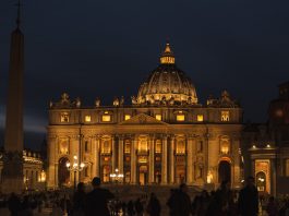 St. Peter's Basilica at night.