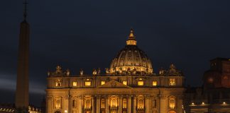 St. Peter's Basilica at night.